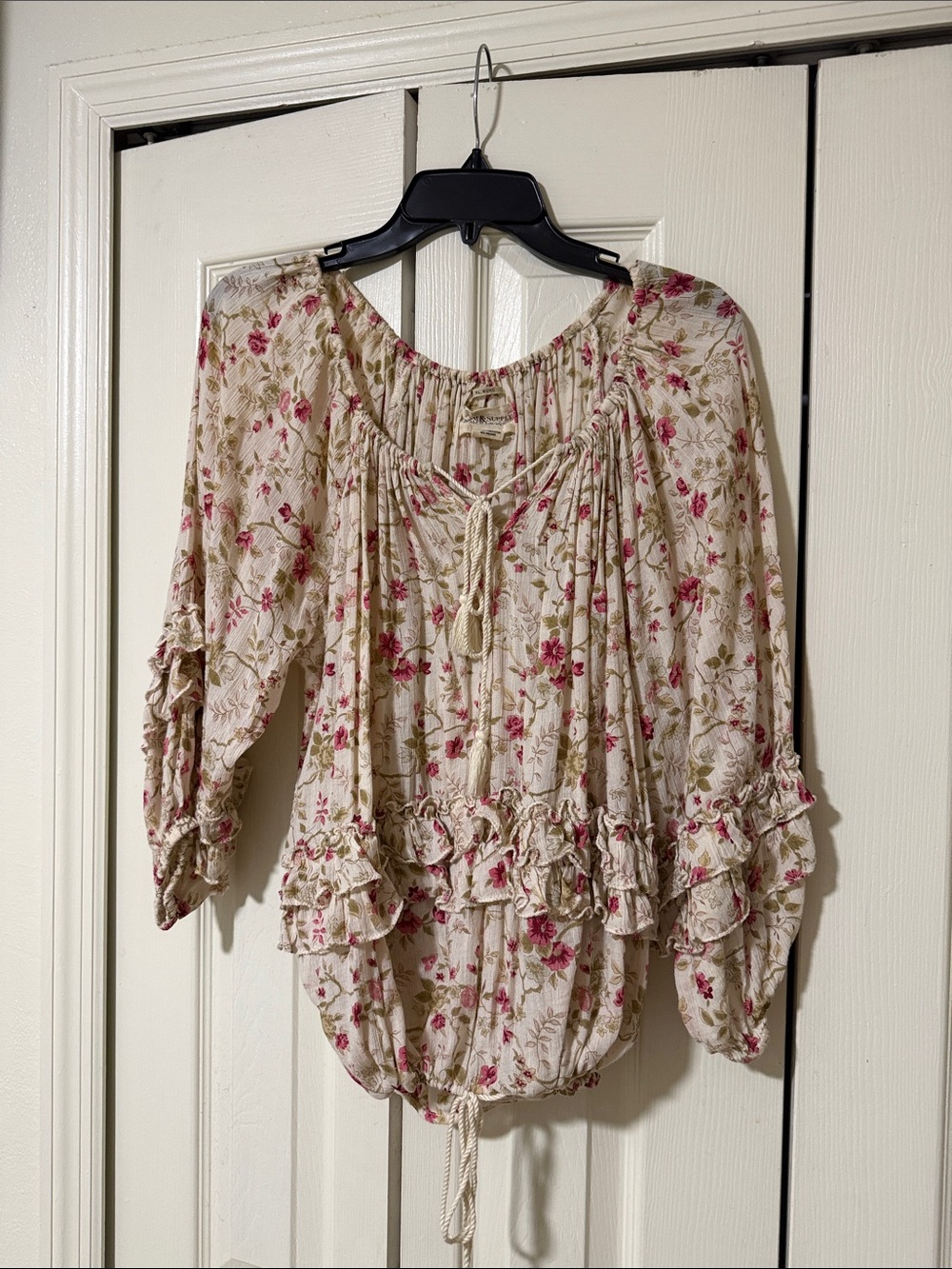Ralph Lauren Floral Cream Peasant Top with Pink Accents